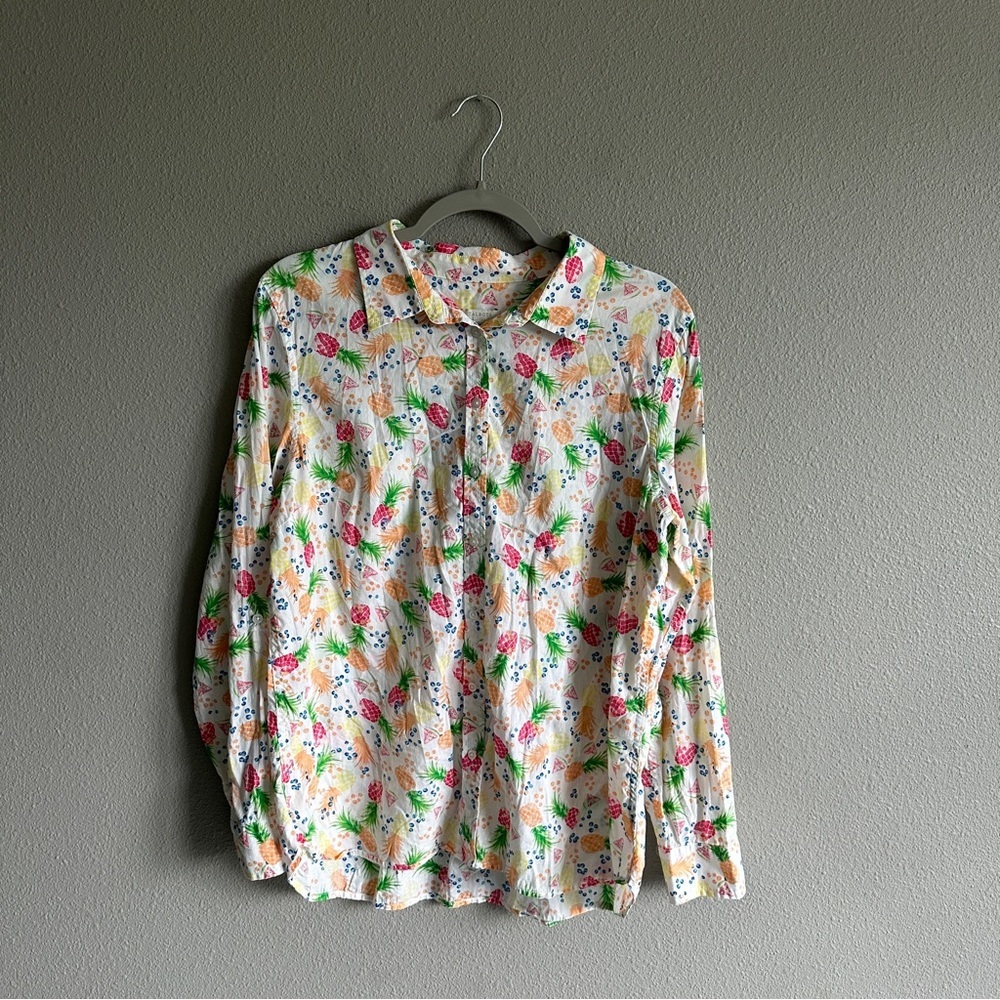 Talbots Multicolor Fruit Pattern Button Down Lightweight Cotton Shirt Large